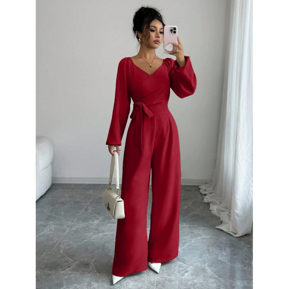 ZARA Womens Elegant Solid Long Sleeve V Neck Waisted Wide Leg Jumpsuit